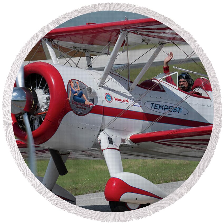 Red Round Beach Towel featuring the photograph Red and White Airplane by Carolyn Hutchins