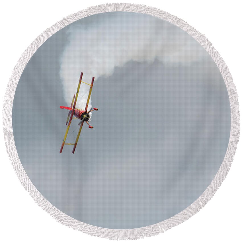Red Round Beach Towel featuring the photograph Red and Yellow Airplane by Carolyn Hutchins