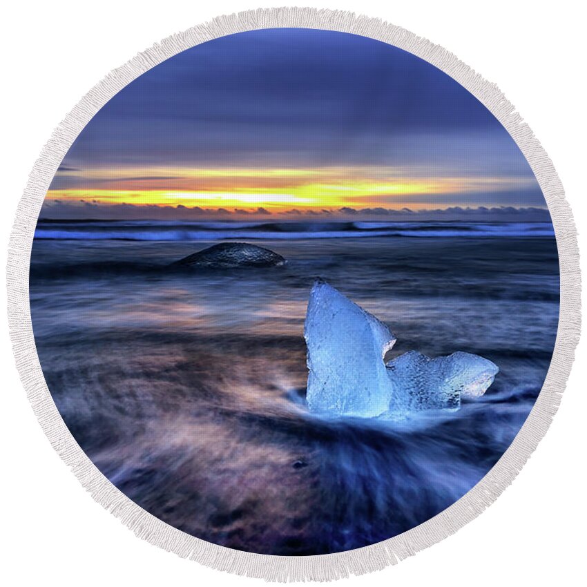 Beach Round Beach Towel featuring the photograph Sunrise on Diamond Beach, Southeast Iceland by Jane Rix