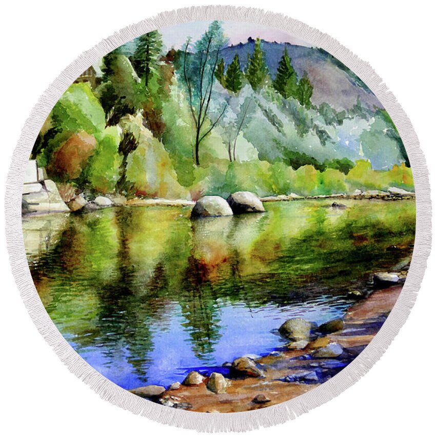 Placer Aarts Round Beach Towel featuring the painting #414 Henningsen Lotus Park #414 by William Lum