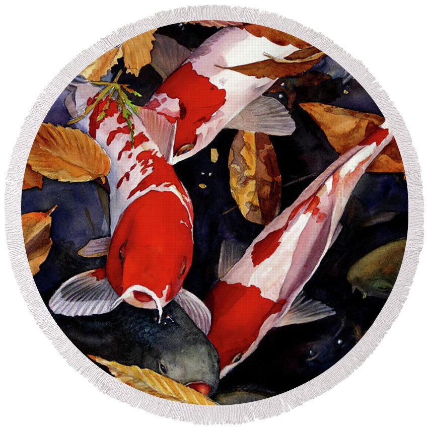  Round Beach Towel featuring the painting #417 Koi and Leaves #417 by William Lum