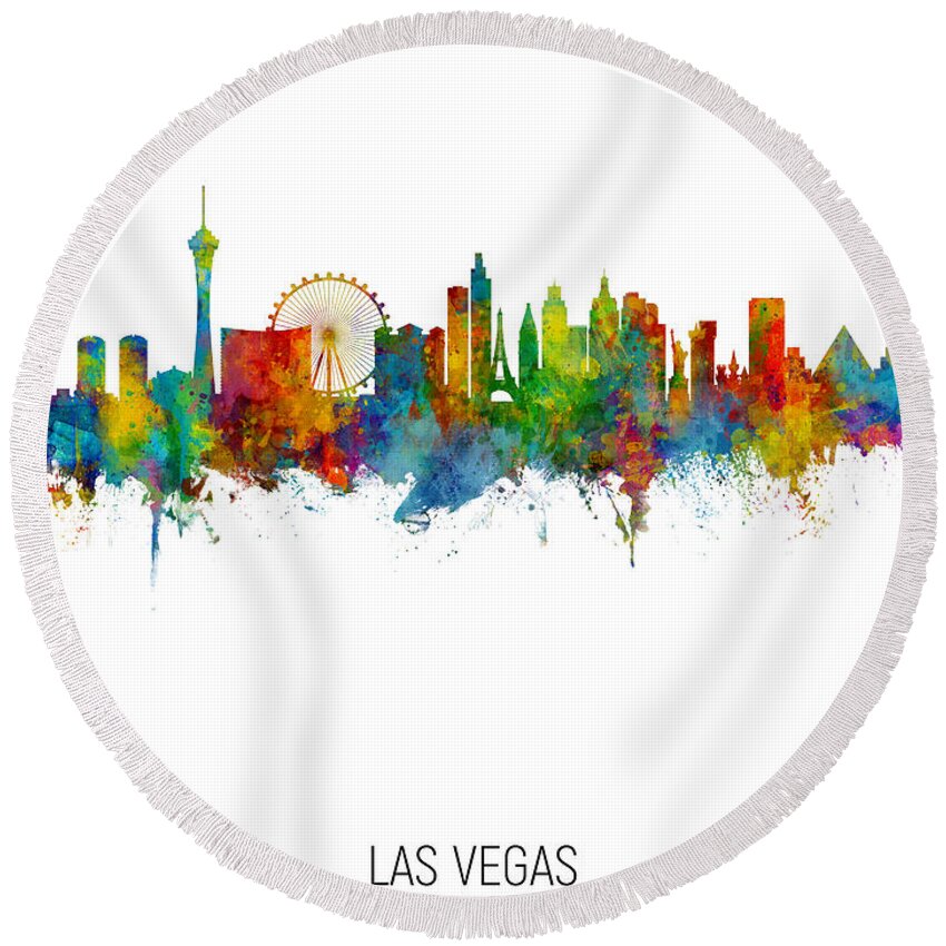 Las Vegas Round Beach Towel featuring the digital art Las Vegas Nevada Skyline #42 by Michael Tompsett