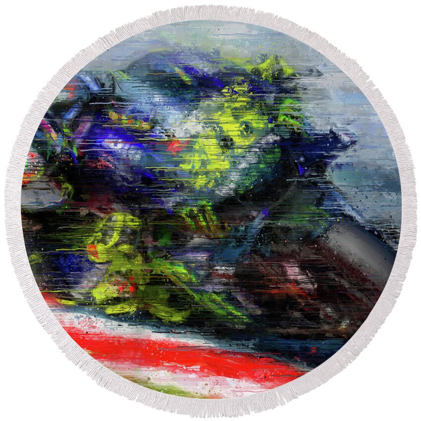 Motorcycle Round Beach Towel featuring the painting 46 Valentino Rossi by Vart by Vart