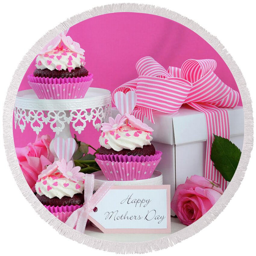 Background Round Beach Towel featuring the photograph Happy Mothers Day pink and white cupcakes. #5 by Milleflore Images