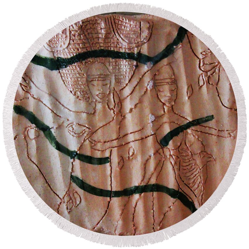 Jesus Round Beach Towel featuring the ceramic art Kintu and Nambi Journey To Earth #5 by Gloria Ssali