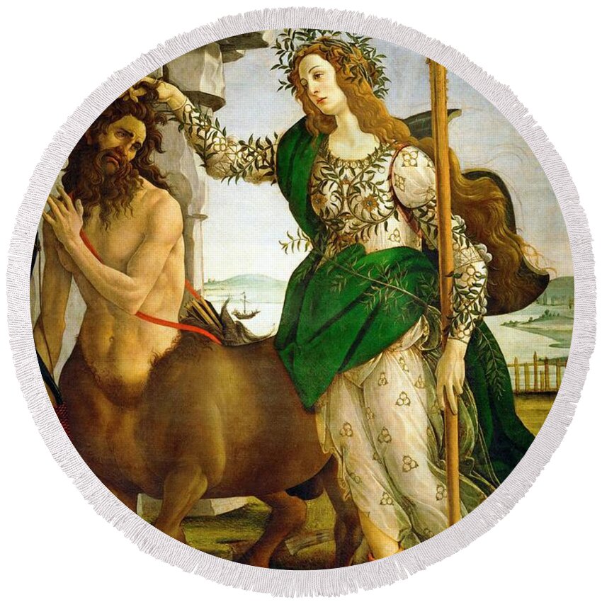 Pallas And The Centaur Round Beach Towel featuring the painting Pallas and the Centaur #5 by Sandro Botticelli