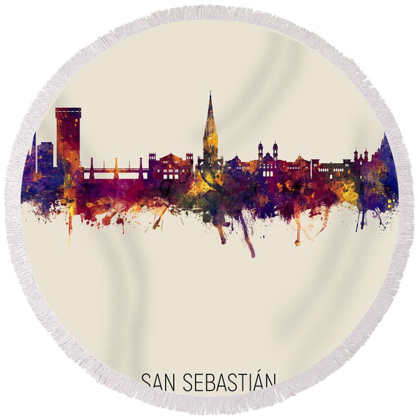 San Sebastián Round Beach Towel featuring the digital art San Sebastian Spain Skyline #5 by Michael Tompsett