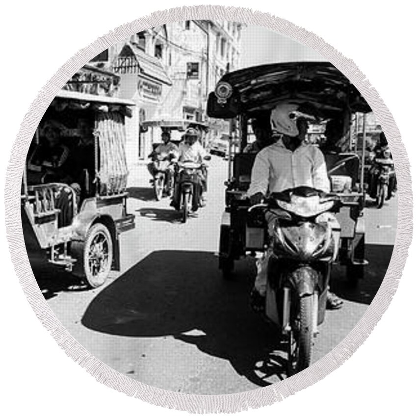 Panoramic Round Beach Towel featuring the photograph Siem Reap cambodia street motorbikes #5 by Sonny Ryse