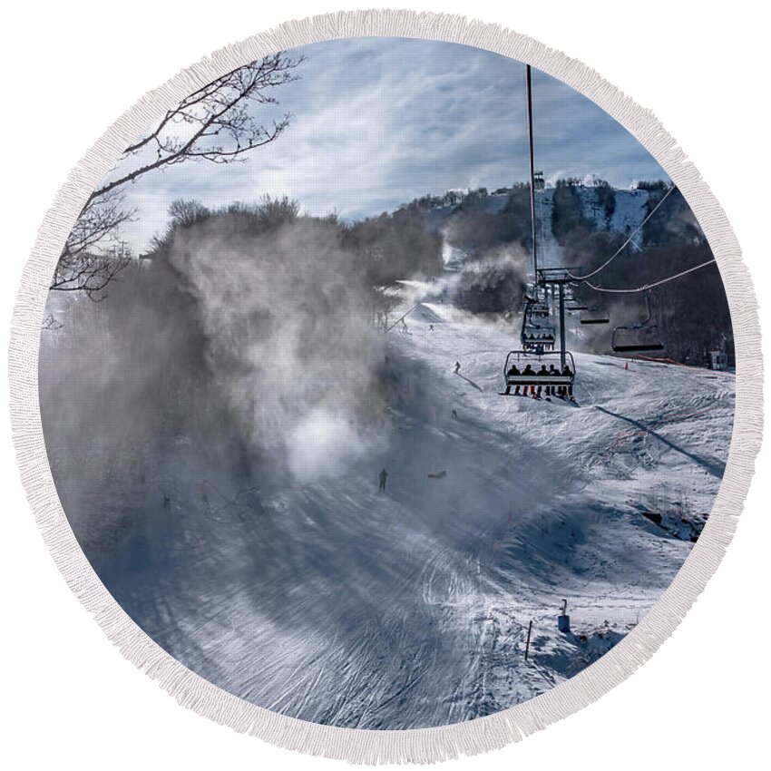 Sun Round Beach Towel featuring the photograph Skiing At The North Carolina Skiing Resort In February #5 by Alex Grichenko