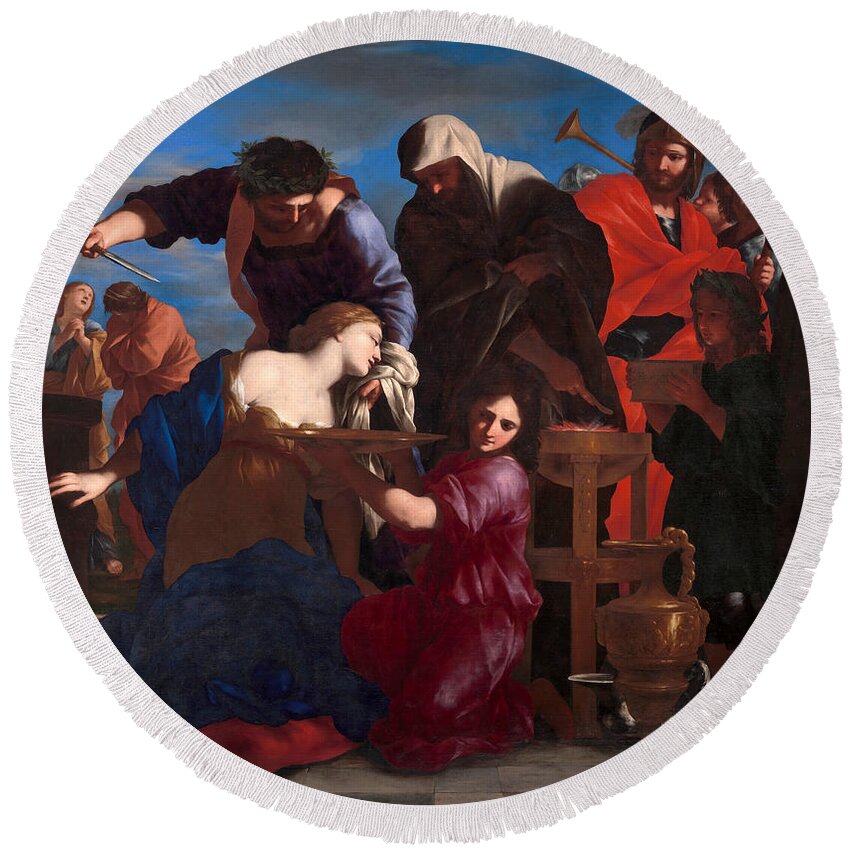 Giovanni Francesco Romanelli Round Beach Towel featuring the painting The Sacrifice of Polyxena by Giovanni Francesco Romanelli