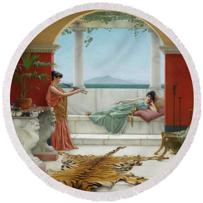 The Sweet Siesta Of A Summer Day Round Beach Towel featuring the painting The Sweet Siesta Of A Summer Day, from 1891 by John William Godward
