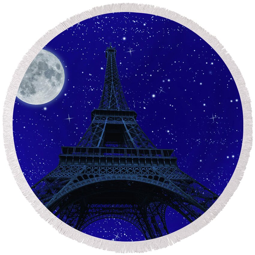 Tour Eiffel Round Beach Towel featuring the photograph Tour Eiffel at night with fullmoon #5 by Benny Marty