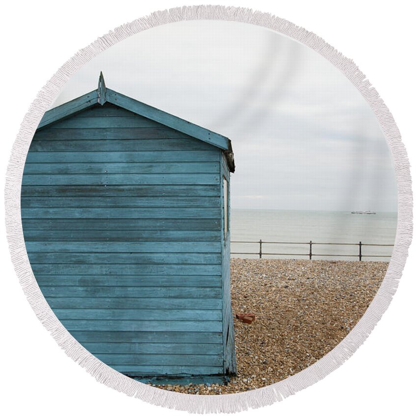 Kingsdown Round Beach Towel featuring the photograph Beach hut at Kingsdown #6 by Ian Middleton