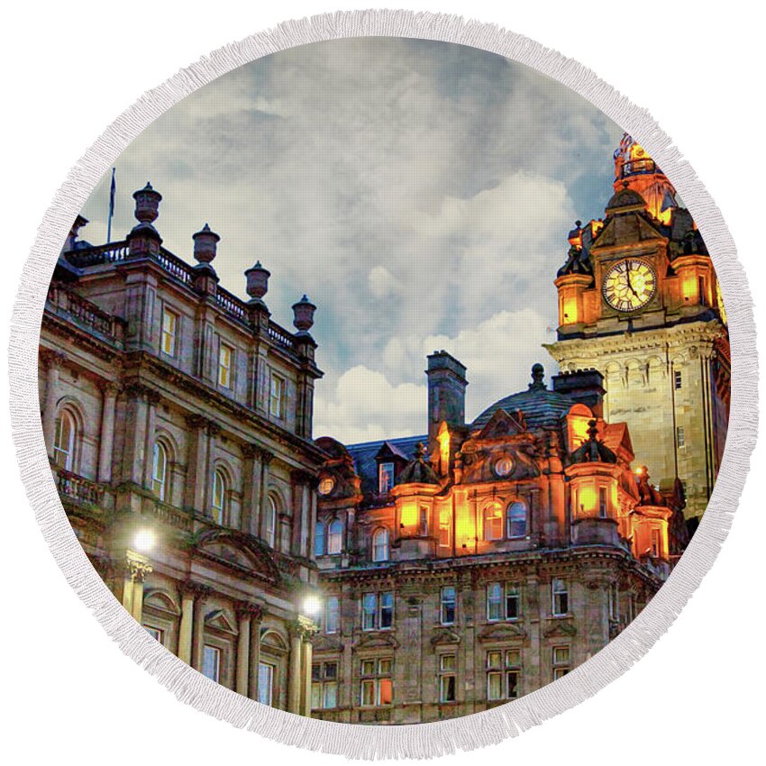 City Of Edinburgh Scotland Round Beach Towel featuring the digital art City of Edinburgh Scotland by SnapHappy Photos