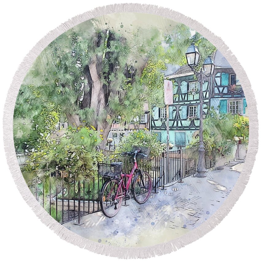 Artistic Round Beach Towel featuring the digital art France sketch #6 by Ariadna De Raadt