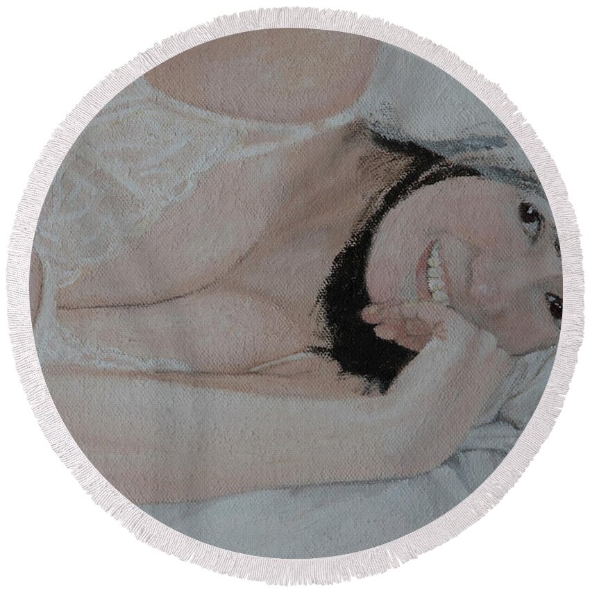 Nude Round Beach Towel featuring the painting Hello #6 by Masami IIDA