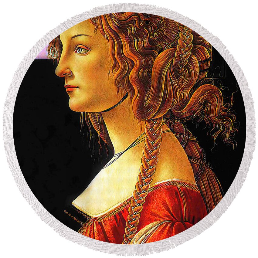 Portrait Round Beach Towel featuring the photograph Portrait of a Young Woman In a Red Dress by Sandro Botticelli