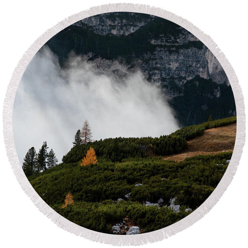Italian Alps Round Beach Towel featuring the photograph Mountain landscape with fog in autumn. Tre Cime dolomiti Italy. by Michalakis Ppalis