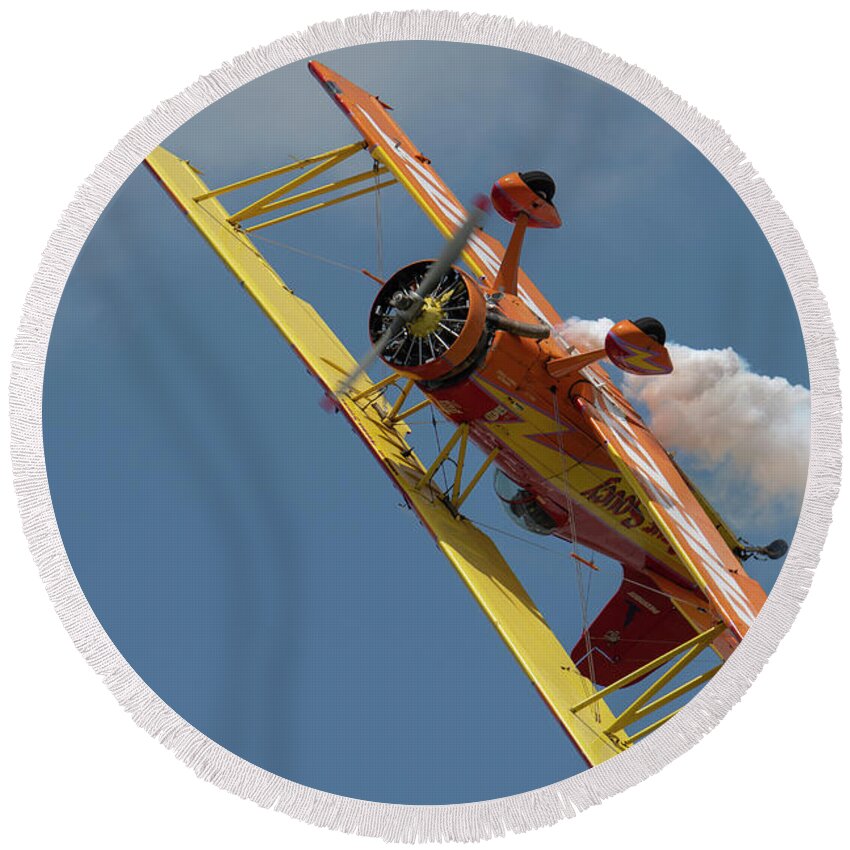 Red Round Beach Towel featuring the photograph Red and Yellow Airplane #8 by Carolyn Hutchins
