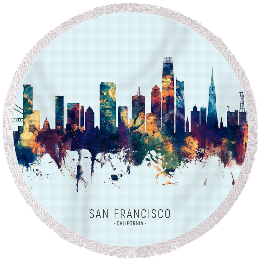 San Francisco Round Beach Towel featuring the digital art San Francisco California Skyline #7 by Michael Tompsett