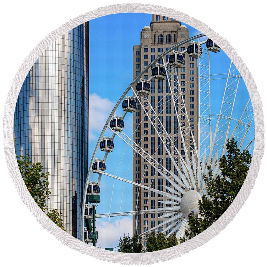 Architecture Round Beach Towel featuring the photograph Skyview Atlanta Ferris Wheel Centennial Park #7 by Sanjeev Singhal