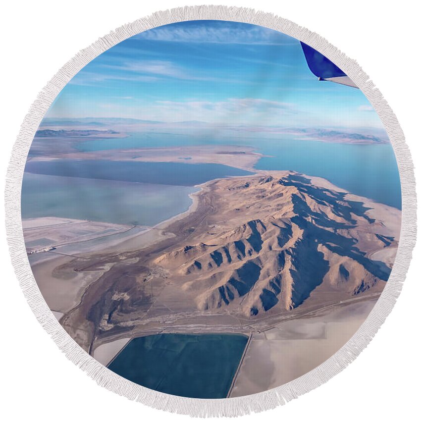 Geography Round Beach Towel featuring the photograph Flying Over Pyramid Lake Near Reno Nevada #8 by Alex Grichenko