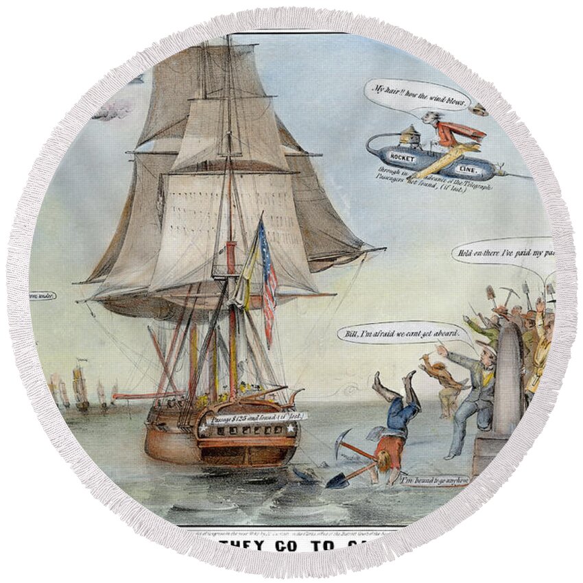 1849 Round Beach Towel featuring the painting Gold Rush Cartoon, 1849 #1 by Granger