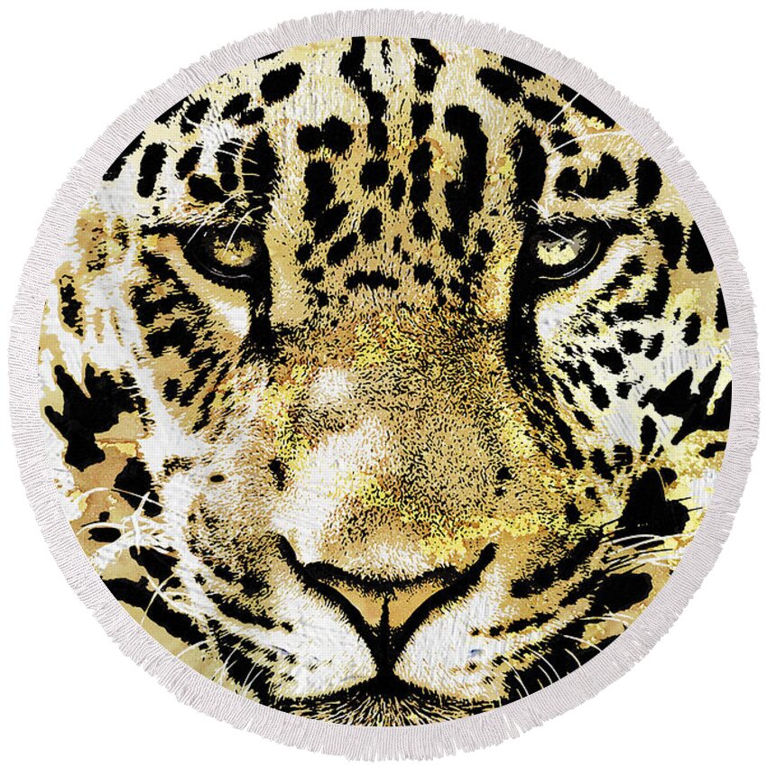 Felino Round Beach Towel featuring the mixed media Golden Leopard Face by J U A N - O A X A C A