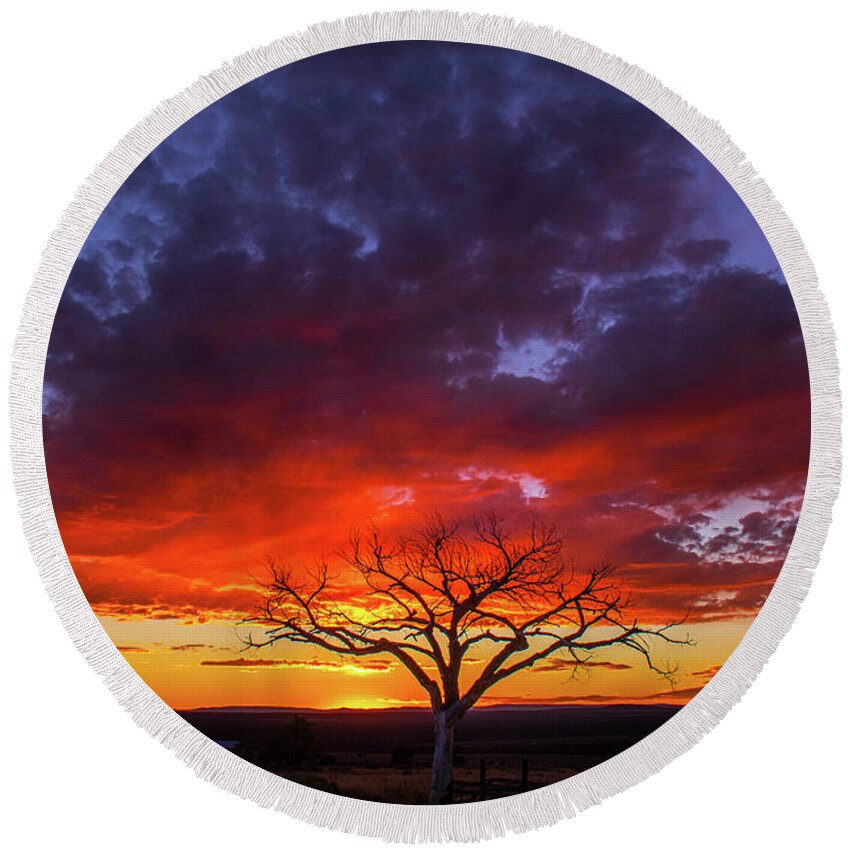 Taos Round Beach Towel featuring the photograph Taos Welcome Tree #8 by Elijah Rael