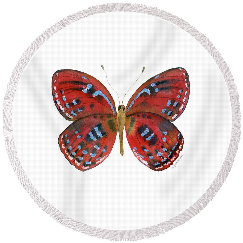 Red Butterfly Round Beach Towel featuring the painting 81 Paralaxita Butterfly by Amy Kirkpatrick