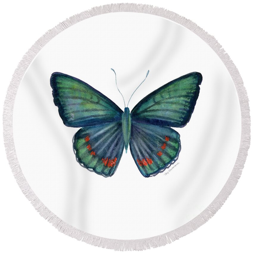Teal Green Butterfly Round Beach Towel featuring the painting 82 Bellona Butterfly by Amy Kirkpatrick