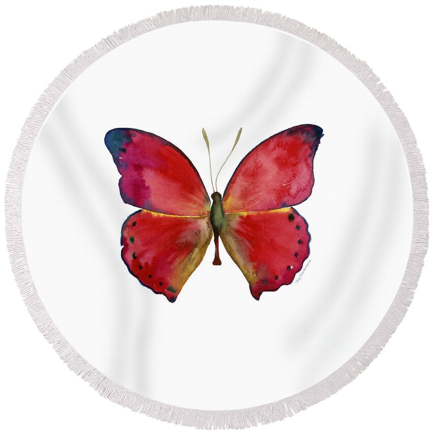Red Butterfly Round Beach Towel featuring the painting 83 Red Glider Butterfly by Amy Kirkpatrick