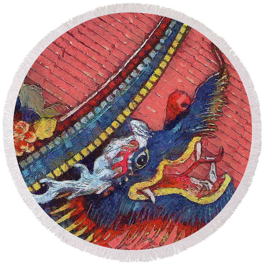Architecture Round Beach Towel featuring the mixed media 849 Blue Dragon Leh Cherng Temple, Taichung, Taiwan by Richard Neuman Architectural Gifts