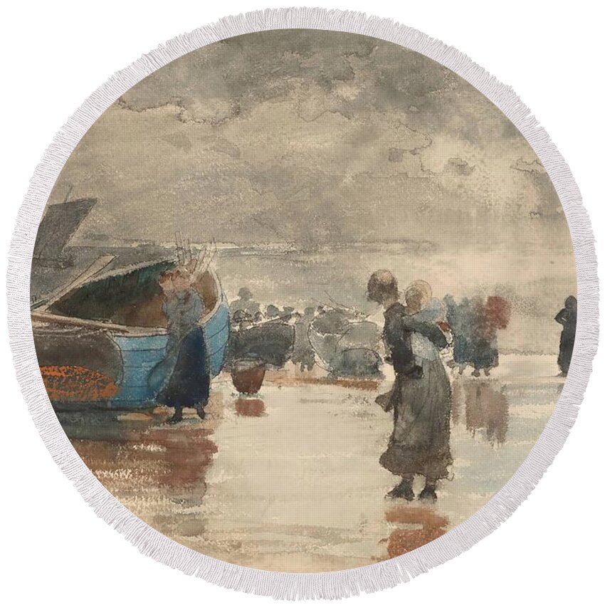 Winslow Homer Round Beach Towel featuring the drawing On the Sands by Winslow Homer