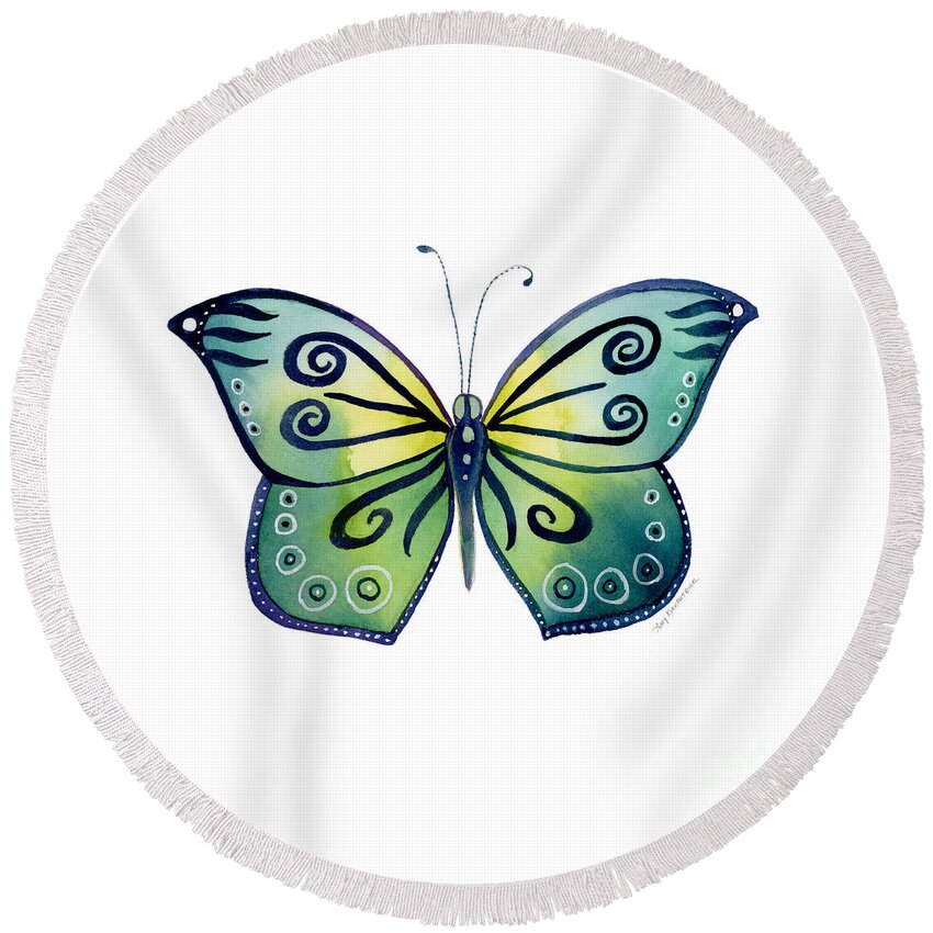 Capanea Butterfly Round Beach Towel featuring the painting 92 Teal Button Cap Butterfly by Amy Kirkpatrick