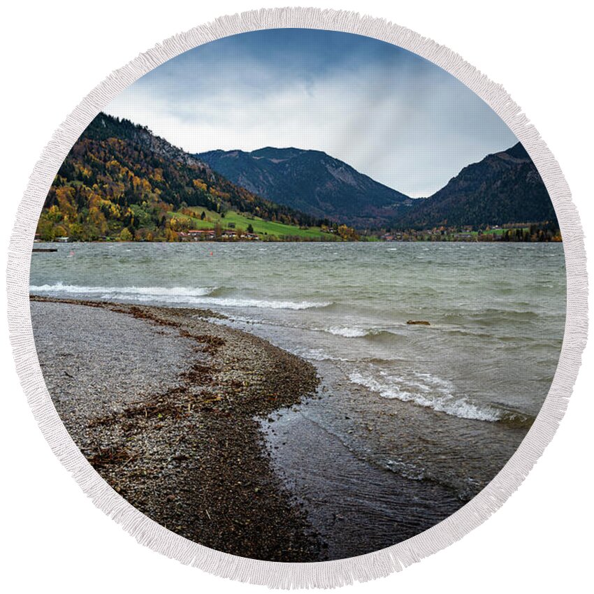 Schliersee Round Beach Towel featuring the photograph A autumn day at the lake by Hannes Cmarits