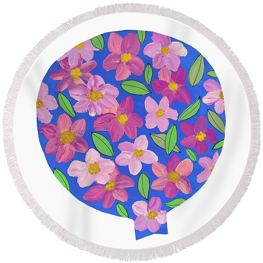 Floral Round Beach Towel featuring the mixed media A Balloon with Flowers by Lisa Neuman