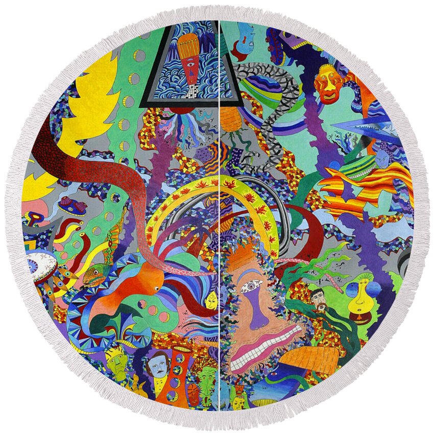 Multi-colored Round Beach Towel featuring the drawing 173 - A Beautiful Mind by James D Waller