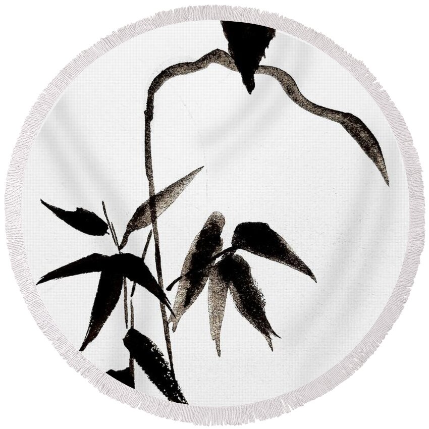  Round Beach Towel featuring the painting A bird and bamboo in black ink by Margaret Welsh Willowsilk