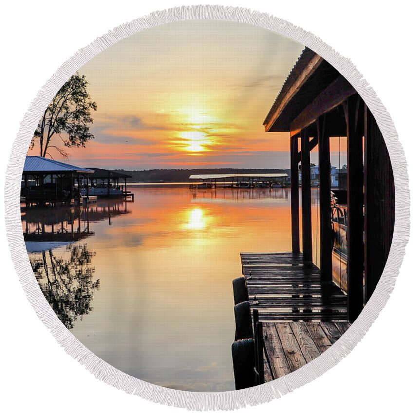 Sunrise Round Beach Towel featuring the photograph A Boathouse Side Sunrise by Ed Williams