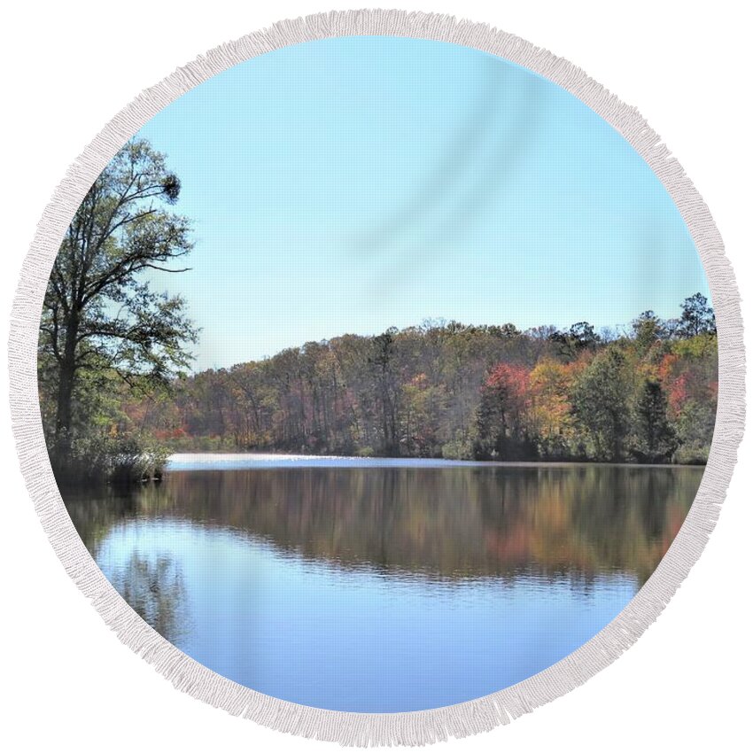 Pond Round Beach Towel featuring the photograph A Bright Fall Pond by Ed Williams