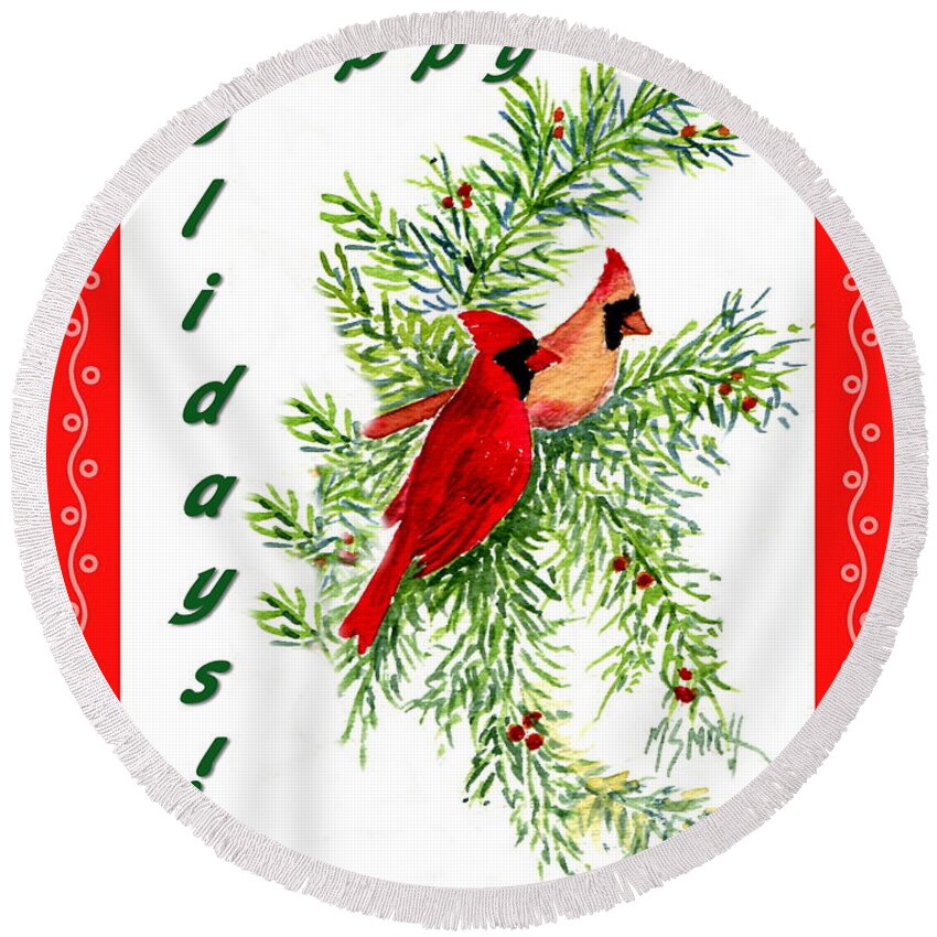 Red Cardinals Round Beach Towel featuring the painting A Cardinal Christmas by Marilyn Smith