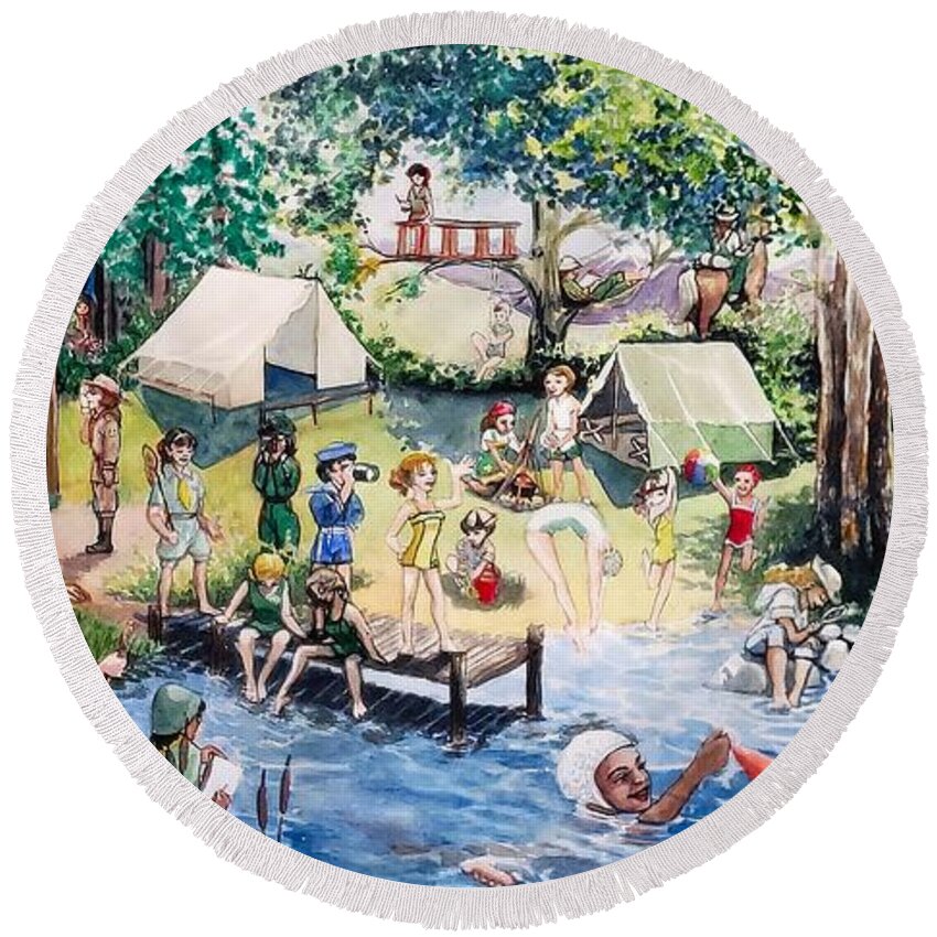 Girls Round Beach Towel featuring the painting A century plus of outdoor fun for girls by Merana Cadorette