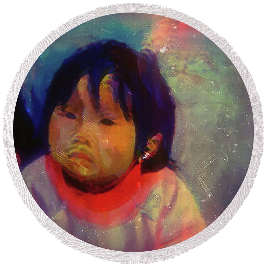 Child Painting Round Beach Towel featuring the digital art A child's portrait by Cathy Anderson