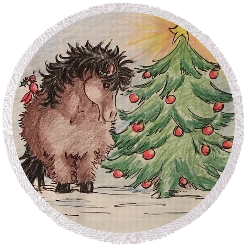 Christmas Round Beach Towel featuring the drawing A Christmas Pony for My Mom by Sheri Lauren