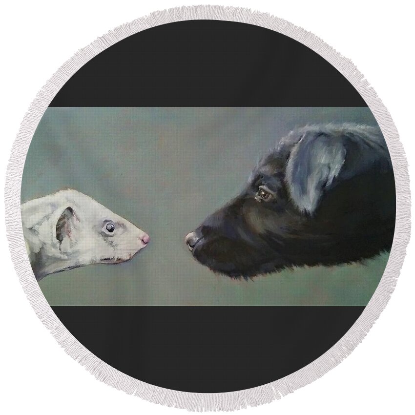 Dog Round Beach Towel featuring the painting A Close Encounter by Jean Cormier