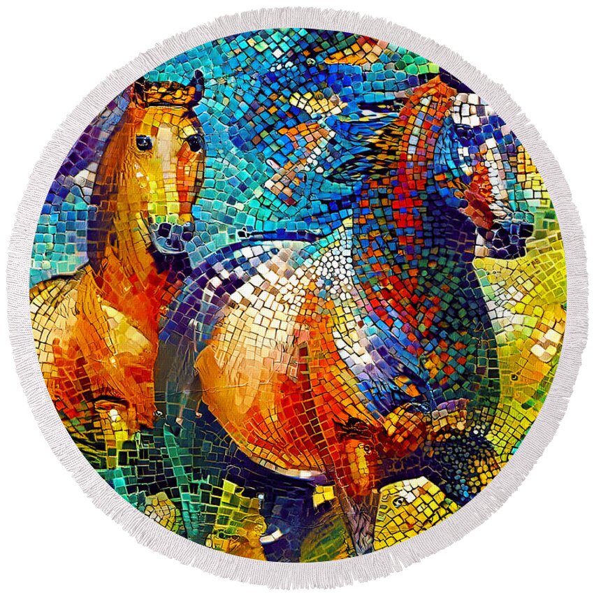 Horse Walking Round Beach Towel featuring the digital art A couple of horses walking - colorful mosaic by Nicko Prints