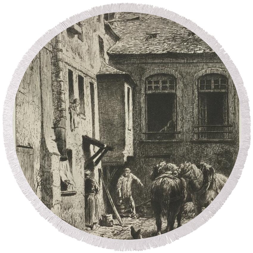 A Courtyard In Paris 1865 Charles Jacque French 1813 To 1894 Round Beach Towel featuring the painting A Courtyard in Paris 1865 Charles Jacque French 1813 to 1894 by MotionAge Designs