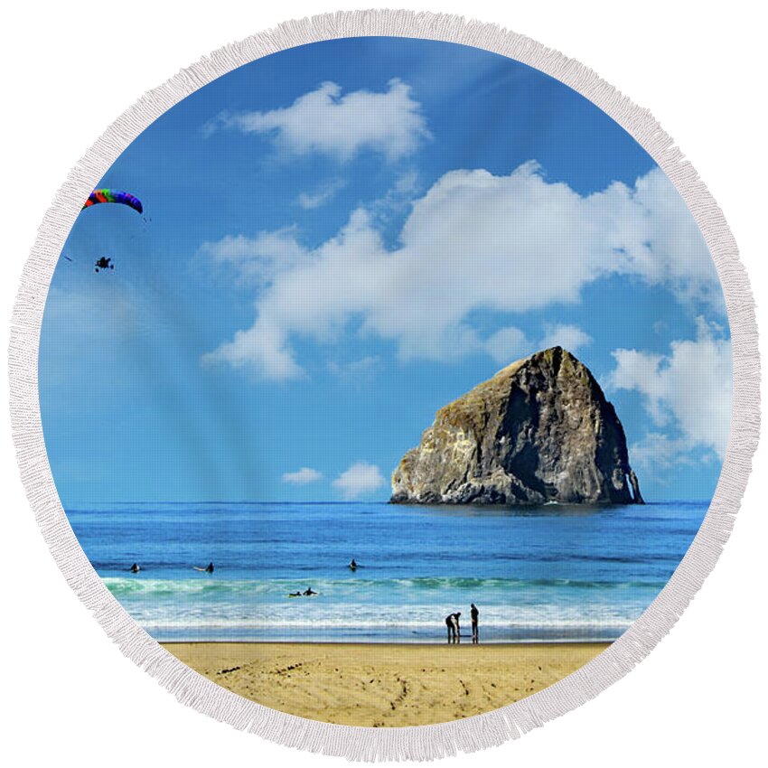 Oregon Coast Round Beach Towel featuring the photograph A Day at the Haystack Beach by Marilyn MacCrakin