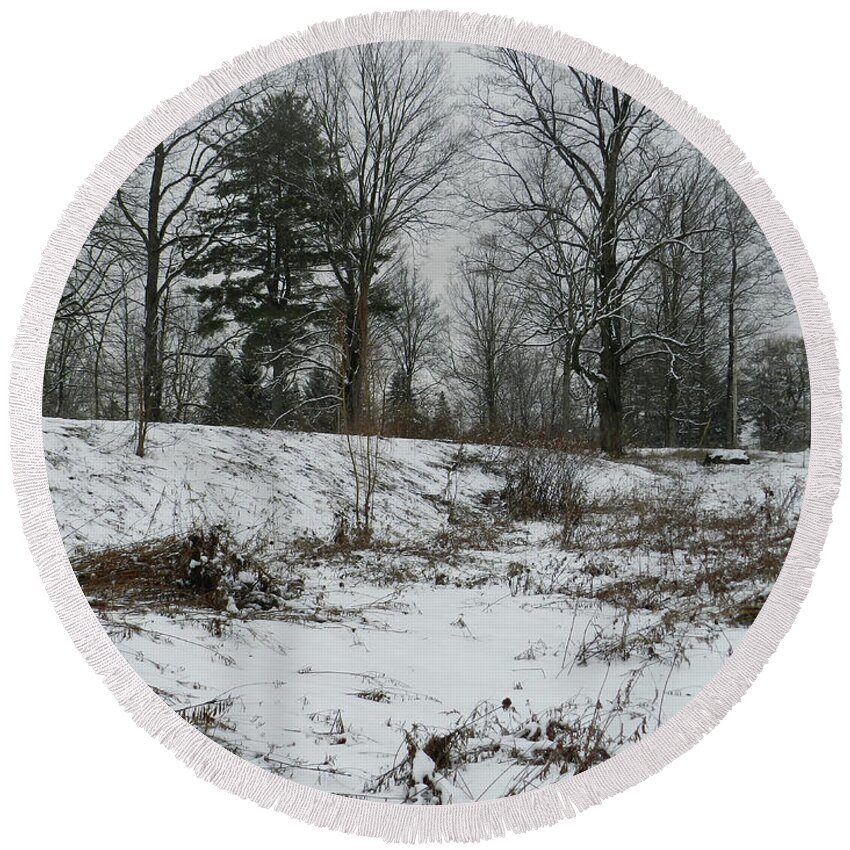 Monochromatic Round Beach Towel featuring the photograph A Field In January with Fallen Goldenrod by Lise Winne
